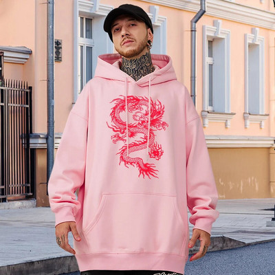 Punase draakoni mustriga meeste puuvillane pullover Moodne isiksus Tänavarõivad Fliisist tasku Täielikult matemaatikaga kapuutsid Oversize, soojad meeste riided