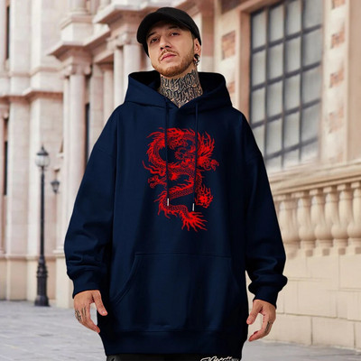 Punase draakoni mustriga meeste puuvillane pullover Moodne isiksus Tänavarõivad Fliisist tasku Täielikult matemaatikaga kapuutsid Oversize, soojad meeste riided