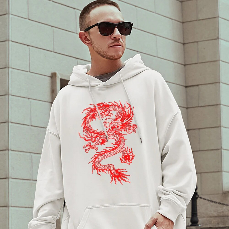 Punase draakoni mustriga meeste puuvillane pullover Moodne isiksus Tänavarõivad Fliisist tasku Täielikult matemaatikaga kapuutsid Oversize, soojad meeste riided