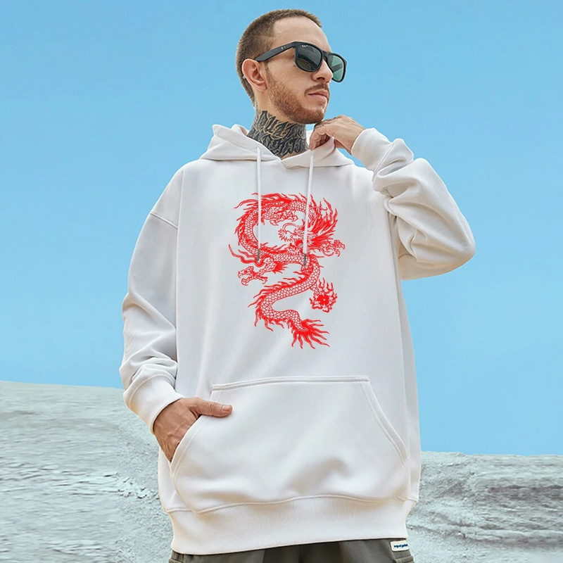 Punase draakoni mustriga meeste puuvillane pullover Moodne isiksus Tänavarõivad Fliisist tasku Täielikult matemaatikaga kapuutsid Oversize, soojad meeste riided