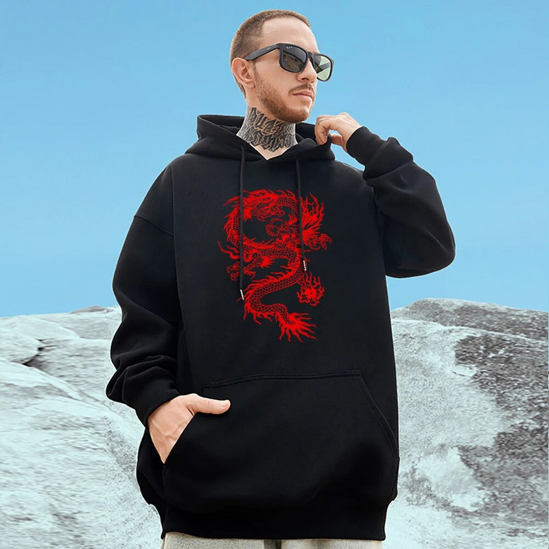 Punase draakoni mustriga meeste puuvillane pullover Moodne isiksus Tänavarõivad Fliisist tasku Täielikult matemaatikaga kapuutsid Oversize, soojad meeste riided