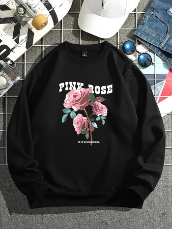 Ροζ τριαντάφυλλο λουλούδι με όμορφο μοτίβο ανδρικό φούτερ με κουκούλα με λαιμόκοψη Άνετα πουλόβερ Φθινοπωρινά φλις φούτερ Casual Loose ρούχα