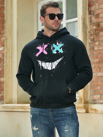 XO Тъжно, но щастливо лице с печат на мъжки пуловер с джоб, модна качулка с качулка, хип-хоп, есенно облекло за мъже, универсална качулка с полар