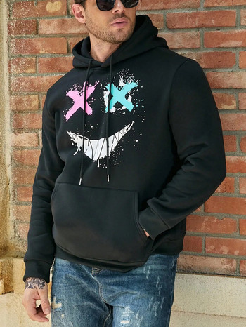 XO Sad But Happy Face Printing για ανδρικό πουλόβερ με κουκούλα με κουκούλα τσέπης Hip hop Φθινοπωρινά ρούχα για ανδρικά ρούχα με κουκούλα Fleece