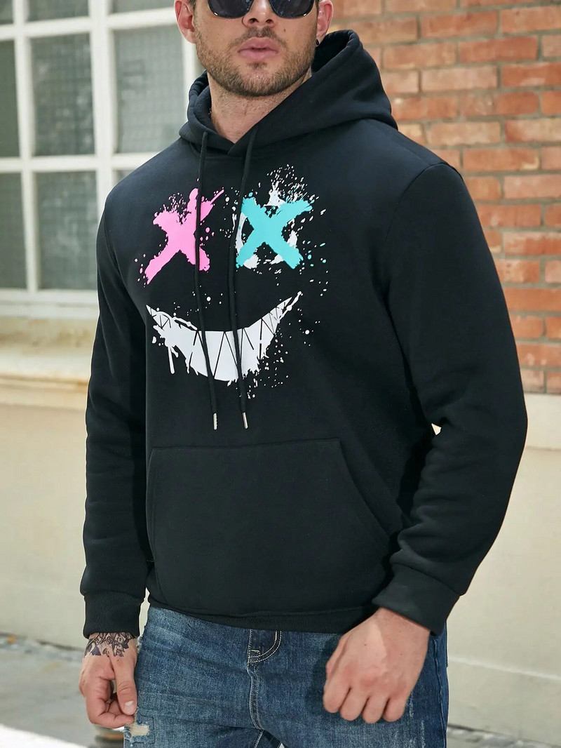 XO Kurb, kuid õnnelik näo trükkimine Meeste Pullover Tasku Moodne kapuuts Hip Hop Sügisriided Meeste Fliisist kapuuts