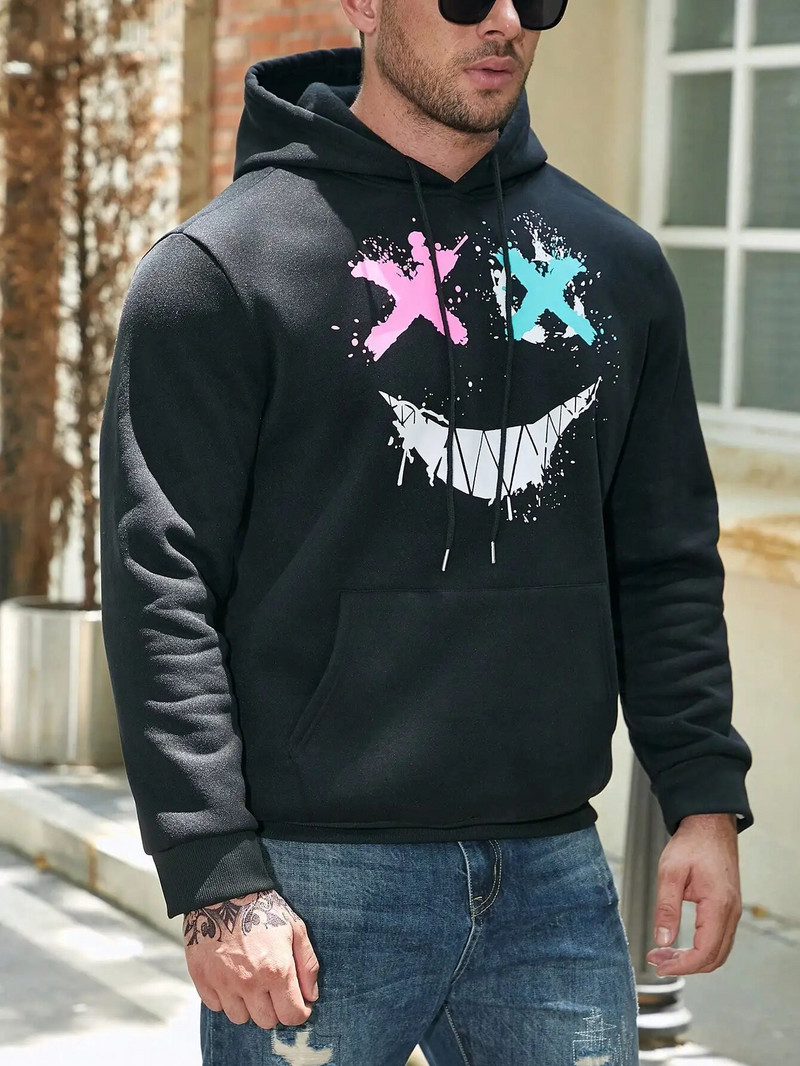 XO Kurb, kuid õnnelik näo trükkimine Meeste Pullover Tasku Moodne kapuuts Hip Hop Sügisriided Meeste Fliisist kapuuts