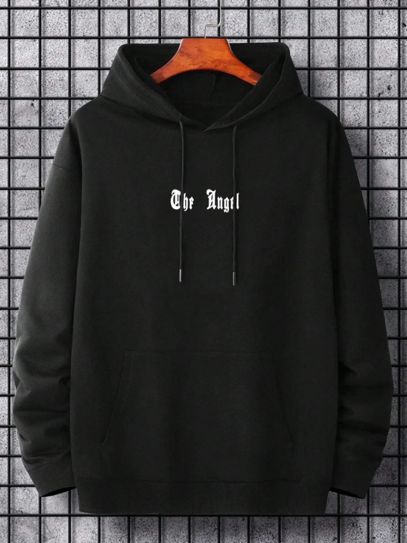 Muška majica s kapuljačom s o-izrezom i otisnutim krilima anđela, široka majica s kapuljačom, modna, osnovna svakodnevna udobna majica s kapuljačom, jesenska odjeća