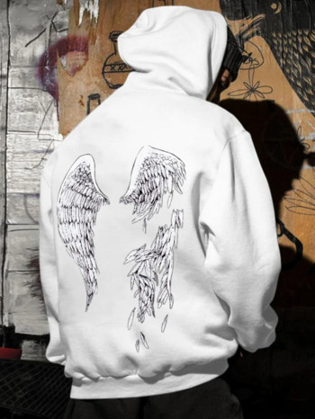 Street Trend Wings Printing Hoodie за мъже Пуловери с джобни връзки Топли суитчъри от полар Есенни удобни дрехи