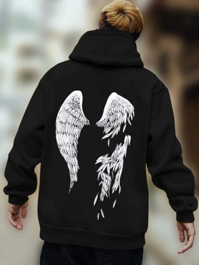 Street Trend Wings Printing Hoodie για άντρες Πουλόβερ με κορδόνια τσέπης Loose fleece Ζεστά φούτερ Φθινοπωρινά άνετα ρούχα