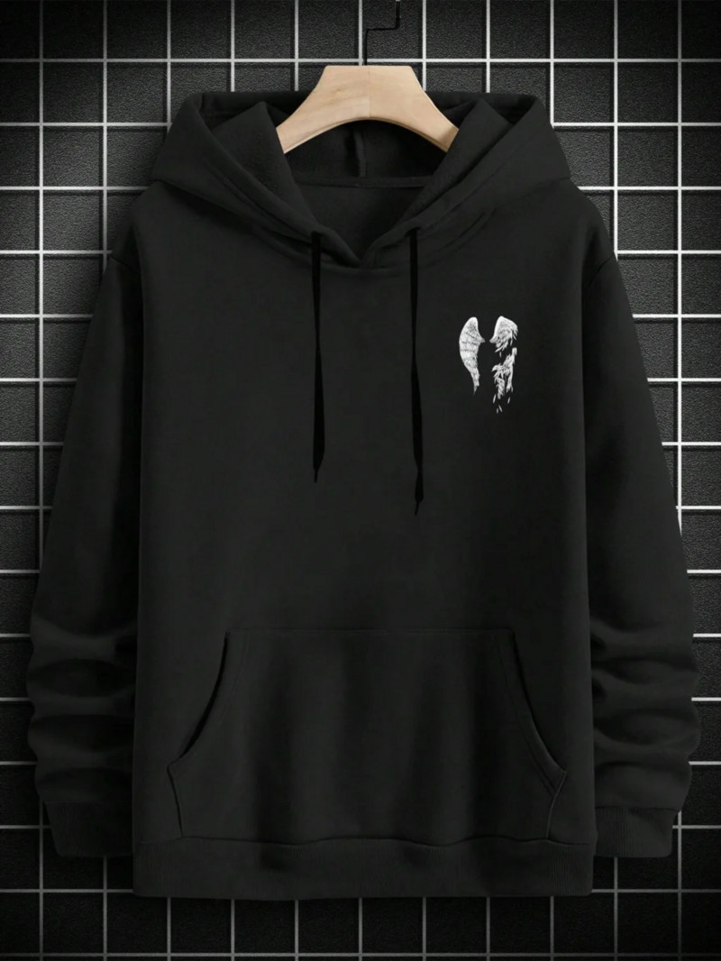 Street Trend Wings Printing Hoodie για άντρες Πουλόβερ με κορδόνια τσέπης Loose fleece Ζεστά φούτερ Φθινοπωρινά άνετα ρούχα