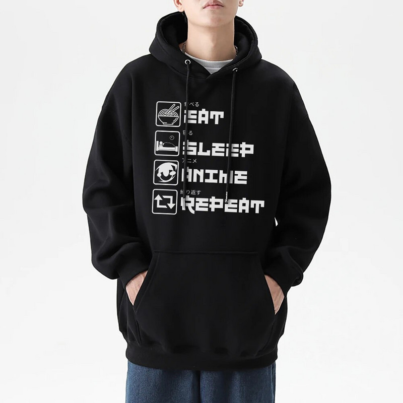 My Day Eat Sleep Anime Repeat Hanorac cu mâneci lungi pentru bărbați Moale și confortabil Haine simple amuzante Hanorace pentru bărbați vintage supradimensionate