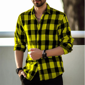 2023 г. Нова мъжка риза с щампи в зелено каре Модна мъжка риза с копчета с дълъг ръкав и копчета Улична свободна ежедневна дишаща 9 цвята