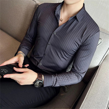 Риза Мъжка гладка и тънка копринена риза с дълги ръкави на райета Луксозна социална парти риза