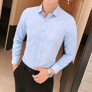 Безшевна мъжка риза с висока еластичност, памучна риза с дълъг ръкав, плътна тънка мъжка социална ежедневна бизнес бяла черна риза