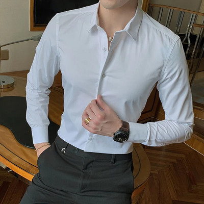 Suure elastsusega õmblusteta meeste särk Puuvillane pikkade varrukatega särk Solid Slim meeste sotsiaalne vabaaja äri valge must kleit särk