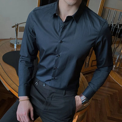 Suure elastsusega õmblusteta meeste särk Puuvillane pikkade varrukatega särk Solid Slim meeste sotsiaalne vabaaja äri valge must kleit särk