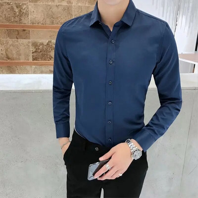 Suure elastsusega õmblusteta meeste särk Puuvillane pikkade varrukatega särk Solid Slim meeste sotsiaalne vabaaja äri valge must kleit särk