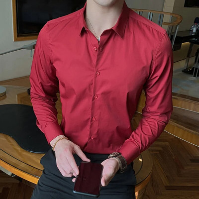 Suure elastsusega õmblusteta meeste särk Puuvillane pikkade varrukatega särk Solid Slim meeste sotsiaalne vabaaja äri valge must kleit särk