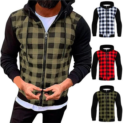 Vīriešu kapuces Lielizmēra džemperis Jauns ikdienas Slim Rāvējslēdzēja Hoodie Vīriešu džemperi ar pilnām piedurknēm rūtaini kapuci jakas sporta tērps vīriešiem