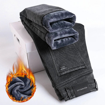 Ανδρικό ζεστό φλις τζιν Χειμερινό Νέο χοντρό βελούδο λεπτή εφαρμογή Business casual παντελόνι Κλασικό μαύρο μπλε ελαστικό βαμβακερό τζιν παντελόνι