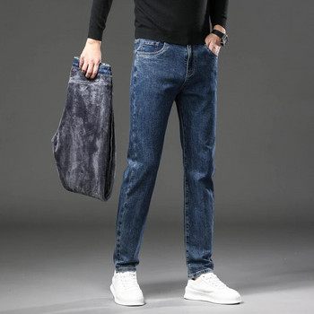 Ανδρικό ζεστό φλις τζιν Χειμερινό Νέο χοντρό βελούδο λεπτή εφαρμογή Business casual παντελόνι Κλασικό μαύρο μπλε ελαστικό βαμβακερό τζιν παντελόνι