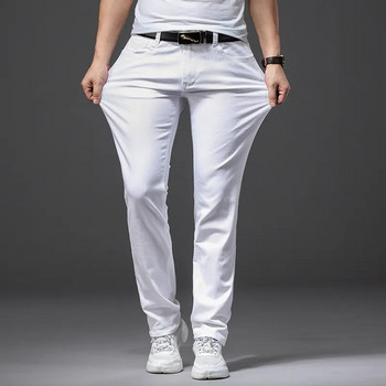 Brother Wang Men Λευκά Τζιν Μόδα Casual Κλασικό Στιλ Λεπτή Εφαρμογή Μαλακό Παντελόνι Ανδρικό Επώνυμο Προηγμένο Stretch Παντελόνι