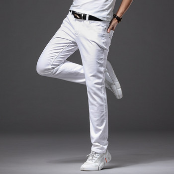 Brother Wang Men Λευκά Τζιν Μόδα Casual Κλασικό Στιλ Λεπτή Εφαρμογή Μαλακό Παντελόνι Ανδρικό Επώνυμο Προηγμένο Stretch Παντελόνι
