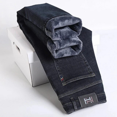 Žieminė vilna Stori šilti džinsai Vyriški ploni tiesūs elastiniai džinsiniai kelnės Kasdieniai vyriški drabužiai Madingos pliušinės kelnės