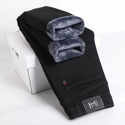 Žieminė vilna Stori šilti džinsai Vyriški ploni tiesūs elastiniai džinsiniai kelnės Kasdieniai vyriški drabužiai Madingos pliušinės kelnės