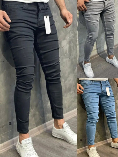 Blugi skinny elastici elastici de înaltă calitate pentru bărbați, europeni, americani, clasici, spălați, denim, pantaloni casual, pantaloni de jogging pentru bărbați