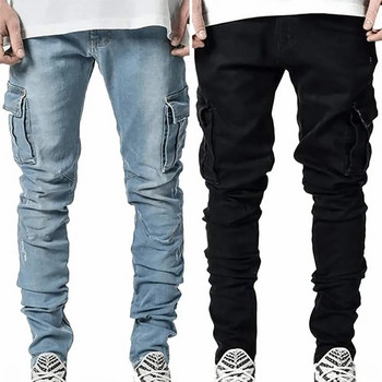 Street Elastic Jeans Ανδρικό τζιν παντελόνι Cargo Wash Μονόχρωμο με πολλές τσέπες Casual Παντελόνια στη μέση και λεπτή εφαρμογή καθημερινά Joggers