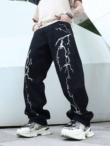 Дънки с щампа на графити Мъжки градиентни хип-хоп панталони Harem Cartoon Свободни ежедневни панталони с ленти около глезена Карго дънки за мъже
