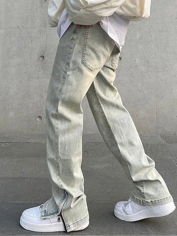 Ανδρικά Skinny Jeans Y2k Φθινοπωρινή μόδα Casual Vintage Εφαρμογή Αναξιοπαθούντα απλό μονόχρωμο παντελόνι με φερμουάρ Αχνό κίτρινο λεπτό τζιν παντελόνι
