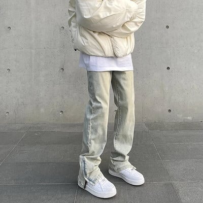 Skinny Jeans Muške Y2k jesenske modne ležerne vintage fit jednostavne jednobojne hlače s patentnim zatvaračem, blijedožute uske traper hlače