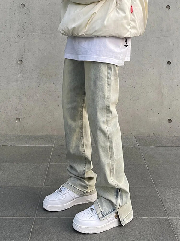 Skinny Jeans Muške Y2k jesenske modne ležerne vintage fit jednostavne jednobojne hlače s patentnim zatvaračem, blijedožute uske traper hlače