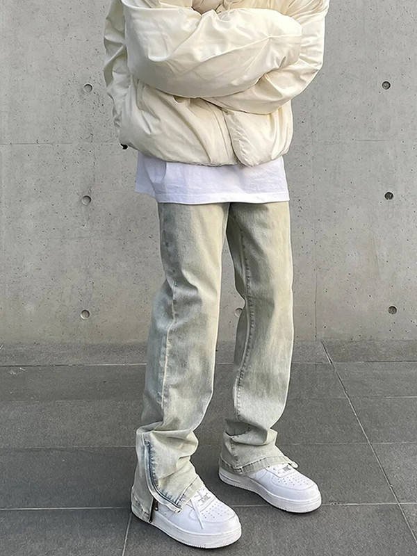 Skinny Jeans Muške Y2k jesenske modne ležerne vintage fit jednostavne jednobojne hlače s patentnim zatvaračem, blijedožute uske traper hlače