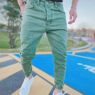 Meeste mood säärised Teksad ühevärvilised vaba aja spordialad elastsed puuvillased püksid 2024 kevad ja sügis Kvaliteetsed meesterõivad