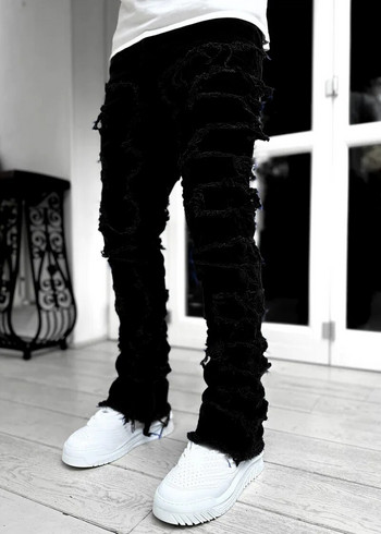 Fashion Stretch Patch Ανδρικά τζιν Y2K Patchwork Δημιουργικές φούντες Διακόσμηση ίσιο τζιν παντελόνι για άντρες Hip hop jean παντελόνι