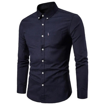 Пролетна официална риза с дълъг ръкав за мъже Едноцветни тънки бизнес ризи с отложна яка за ежедневието