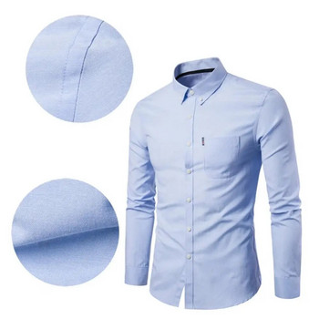 Пролетна официална риза с дълъг ръкав за мъже Едноцветни тънки бизнес ризи с отложна яка за ежедневието