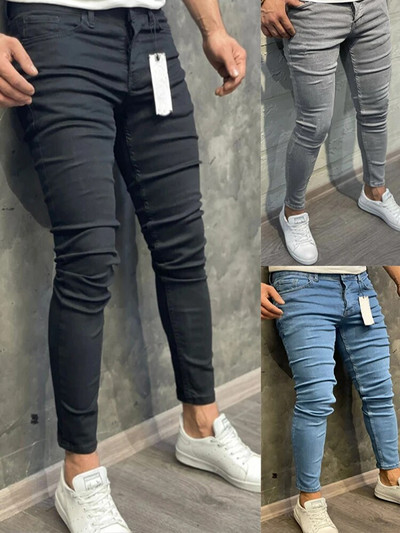 Înaltă calitate 2023, la modă europeană, americană, clasică, pantaloni de denim solid de spălat, ocazional, pantaloni elastici pentru bărbați, blugi skinny albaștri