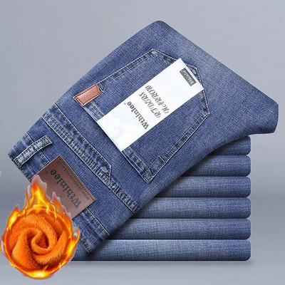 Klasikiniai vyriški, įprastiniai flisiniai džinsai Verslo mados laisvos laisvalaikio tamprios kelnės vyriškos prekės ženklo plius aksomu paminkštintos šiltos kelnės