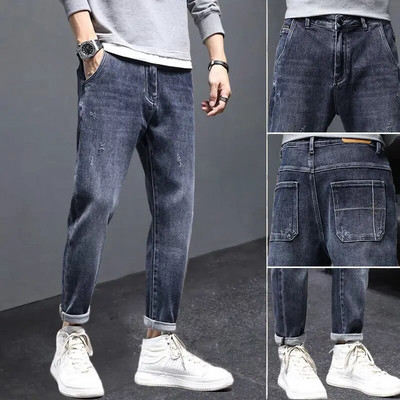 Korea vabaaja püksid Meeste pahkluuni ulatuvad teksad Kvaliteetsed suvised venivad puuvillased augud õhukesed tänavarõivad disain teksapüksid