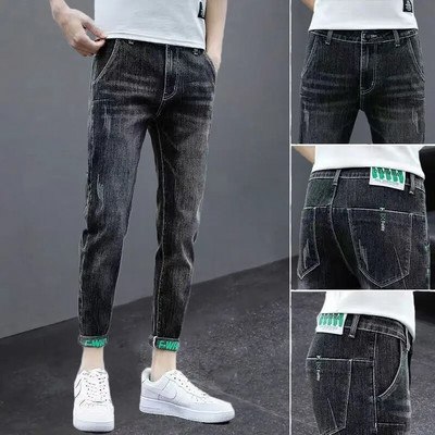 Korea vabaaja püksid Meeste pahkluuni ulatuvad teksad Kvaliteetsed suvised venivad puuvillased augud õhukesed tänavarõivad disain teksapüksid