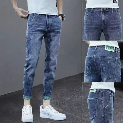 Korea vabaaja püksid Meeste pahkluuni ulatuvad teksad Kvaliteetsed suvised venivad puuvillased augud õhukesed tänavarõivad disain teksapüksid