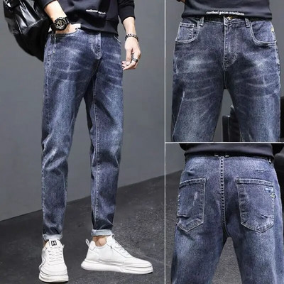 Korea vabaaja püksid Meeste pahkluuni ulatuvad teksad Kvaliteetsed suvised venivad puuvillased augud õhukesed tänavarõivad disain teksapüksid