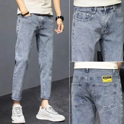 Korea vabaaja püksid Meeste pahkluuni ulatuvad teksad Kvaliteetsed suvised venivad puuvillased augud õhukesed tänavarõivad disain teksapüksid