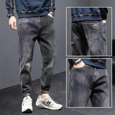 Korea vabaaja püksid Meeste pahkluuni ulatuvad teksad Kvaliteetsed suvised venivad puuvillased augud õhukesed tänavarõivad disain teksapüksid