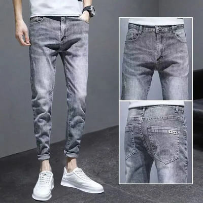 Korea vabaaja püksid Meeste pahkluuni ulatuvad teksad Kvaliteetsed suvised venivad puuvillased augud õhukesed tänavarõivad disain teksapüksid