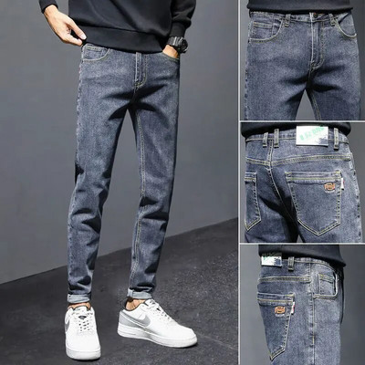 Korea vabaaja püksid Meeste pahkluuni ulatuvad teksad Kvaliteetsed suvised venivad puuvillased augud õhukesed tänavarõivad disain teksapüksid